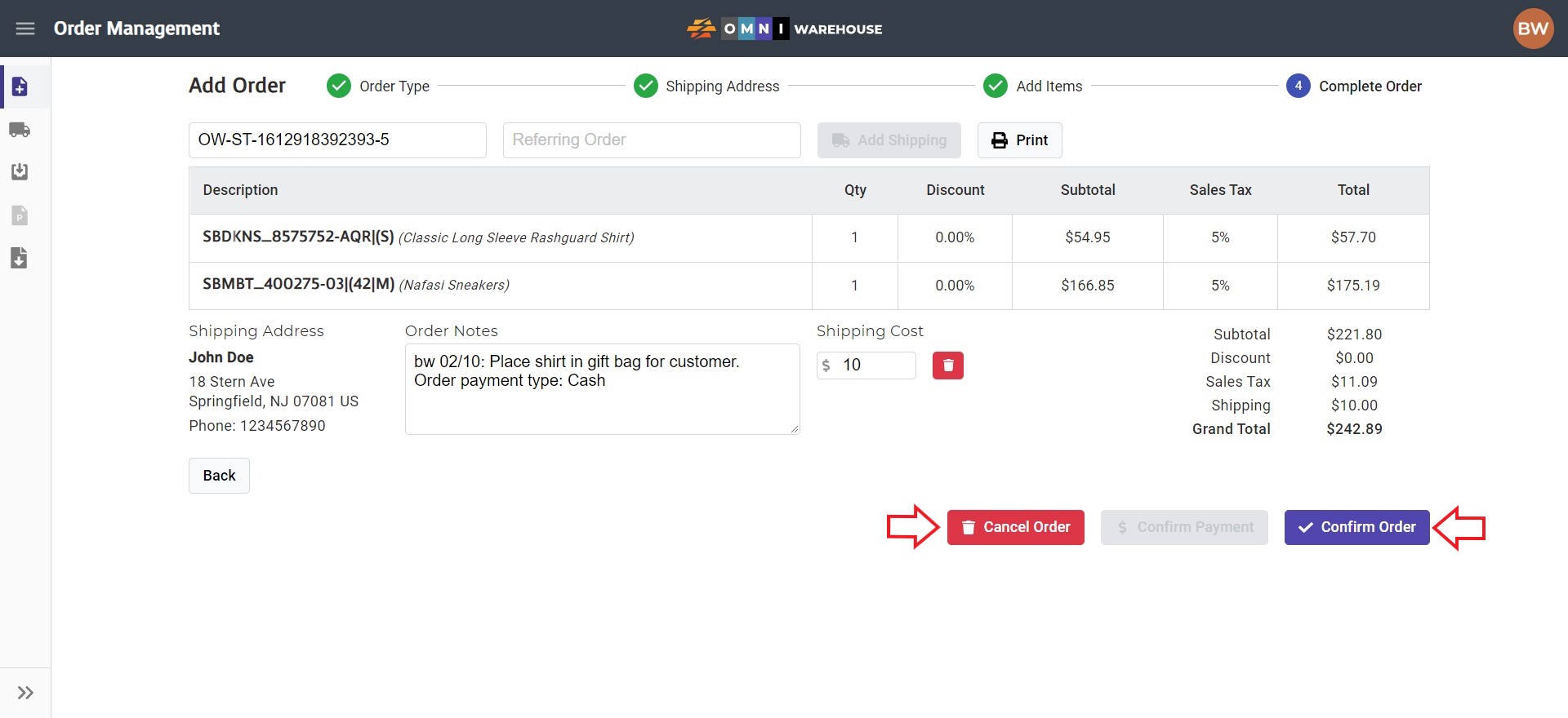 OMNI Warehouse Add Order