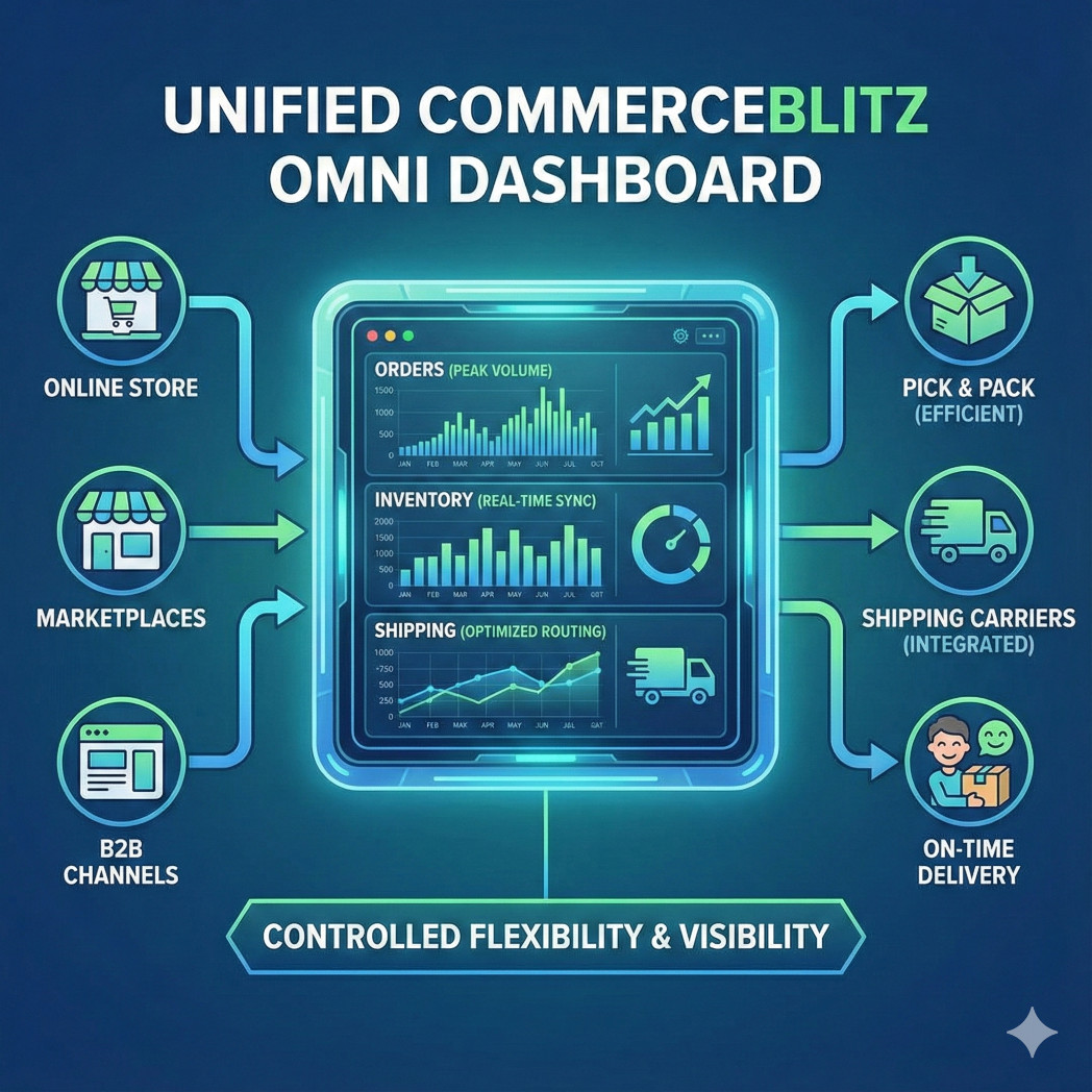CommerceBlitz OMNI centralizes data from multiple channels to streamline warehouse operations and ensure on-time delivery