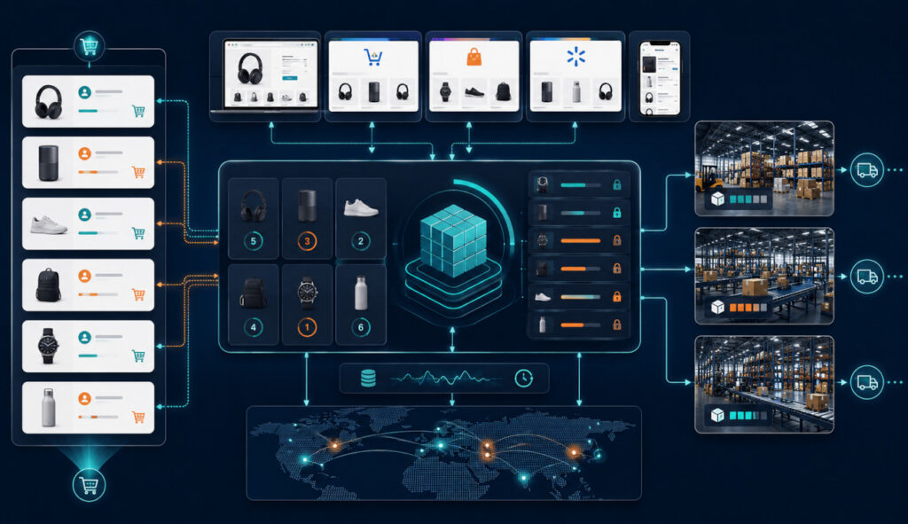 Centralized inventory system preventing overselling across multiple eCommerce sales channels and warehouses