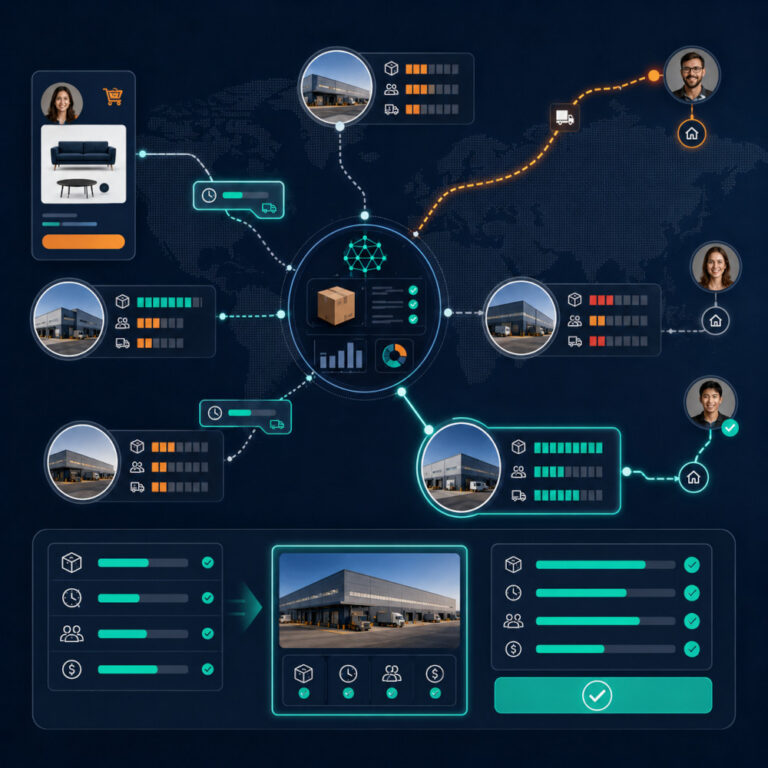 Intelligent order routing across multiple warehouses based on inventory, capacity, delivery speed, and fulfillment cost.