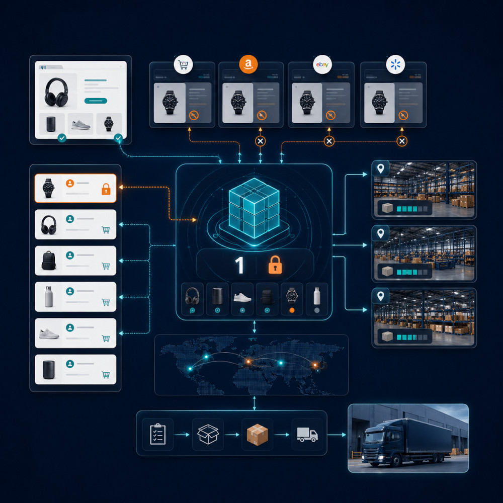 Centralized inventory system preventing overselling across multiple eCommerce sales channels and warehouses