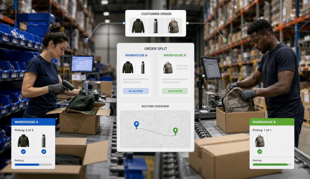 Split order fulfillment across two warehouse locations with inventory allocation and order routing.