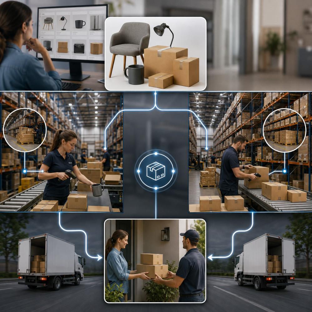 Split order fulfillment across multiple warehouses with packages routed to the same customer.