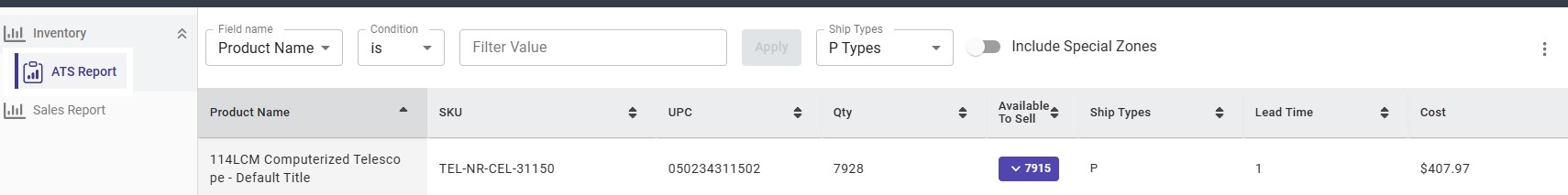 The ATS report: quantity on hand beside available to sell, with ship type and lead time.