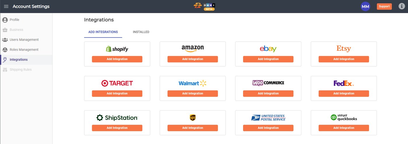 The integrations wall in account settings. The client attaches their own channels and carriers.