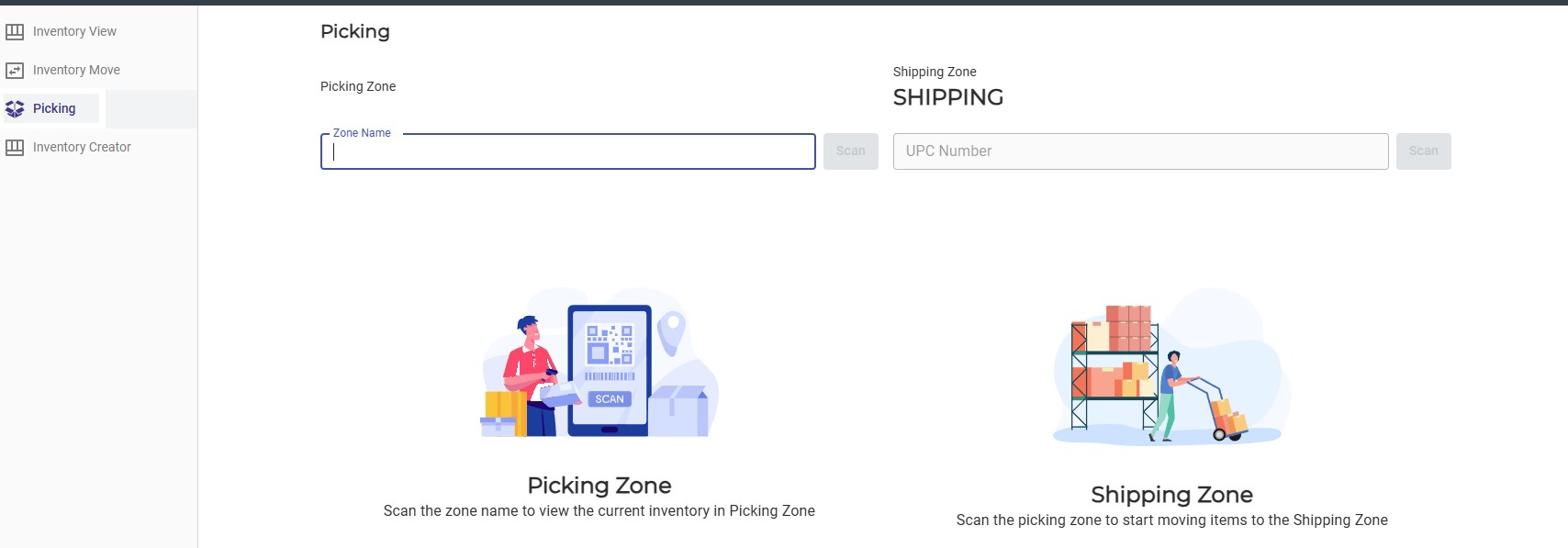 Picking: scan the zone, scan the item, move it to the shipping zone.
