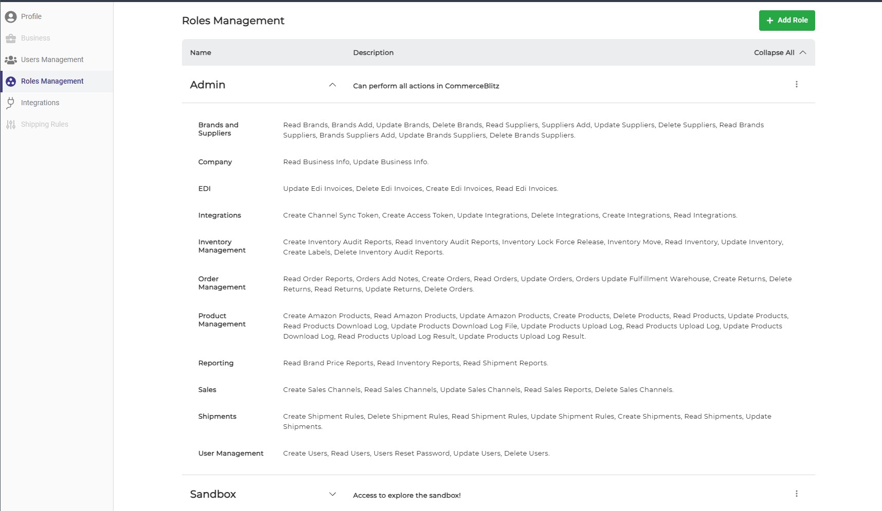 Roles management. A role is a checklist of what it can read, create, update and delete, module by module.