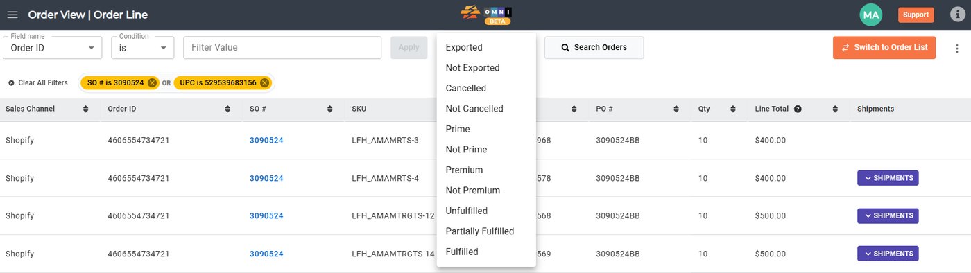 Quick filters on the order line: exported, cancelled, unfulfilled, partially fulfilled, fulfilled.