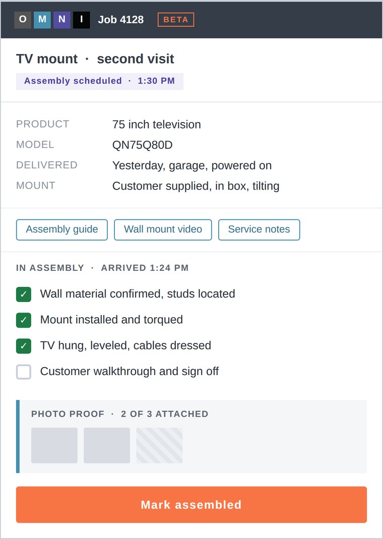 The CommerceBlitz OMNI job card on a phone