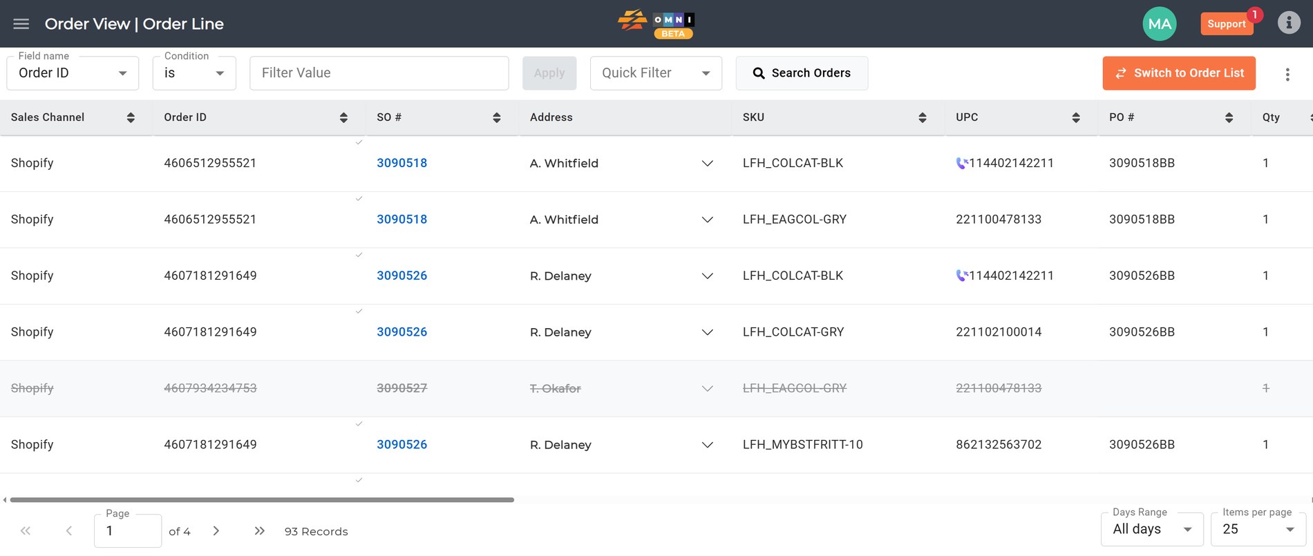 The CommerceBlitz OMNI order line page
